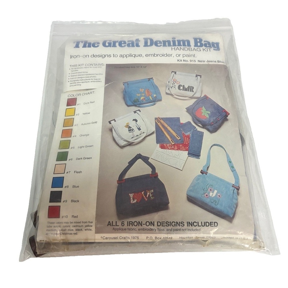 VTG Great Denim Bag Kit #915 Carousel Creations Craft Sewing New Jeans Blue 1975